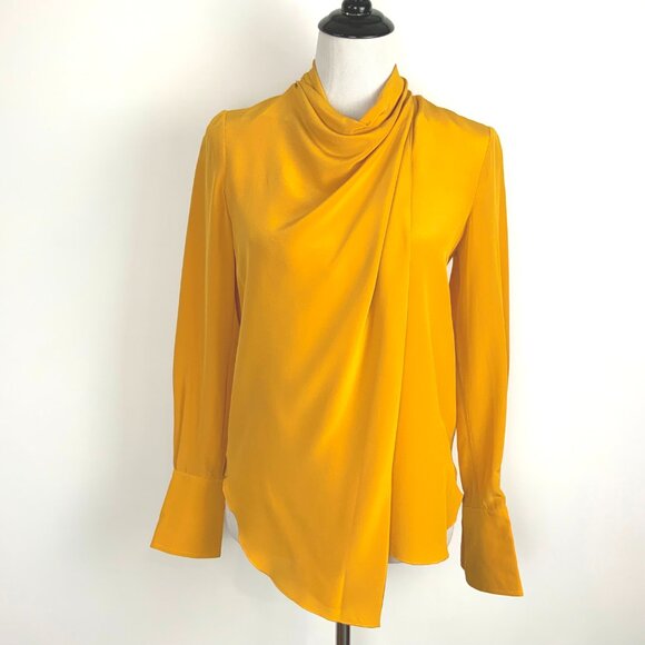 New A.L.C. Sophie 100% Silk Draped Tied Neck Yellow Blouse Sz 0 - 4 - Picture 3 of 16